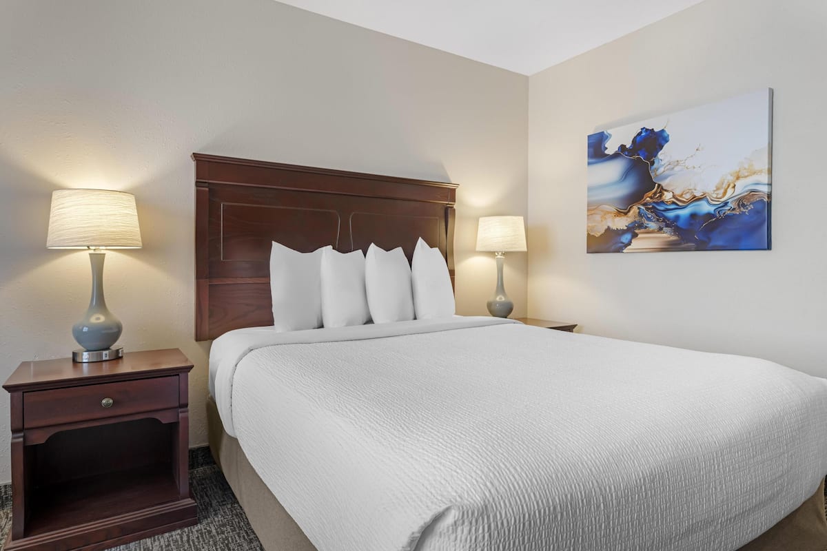 A hotel room with a large bed, two bedside tables with lamps, a headboard, and a wall-mounted abstract painting.