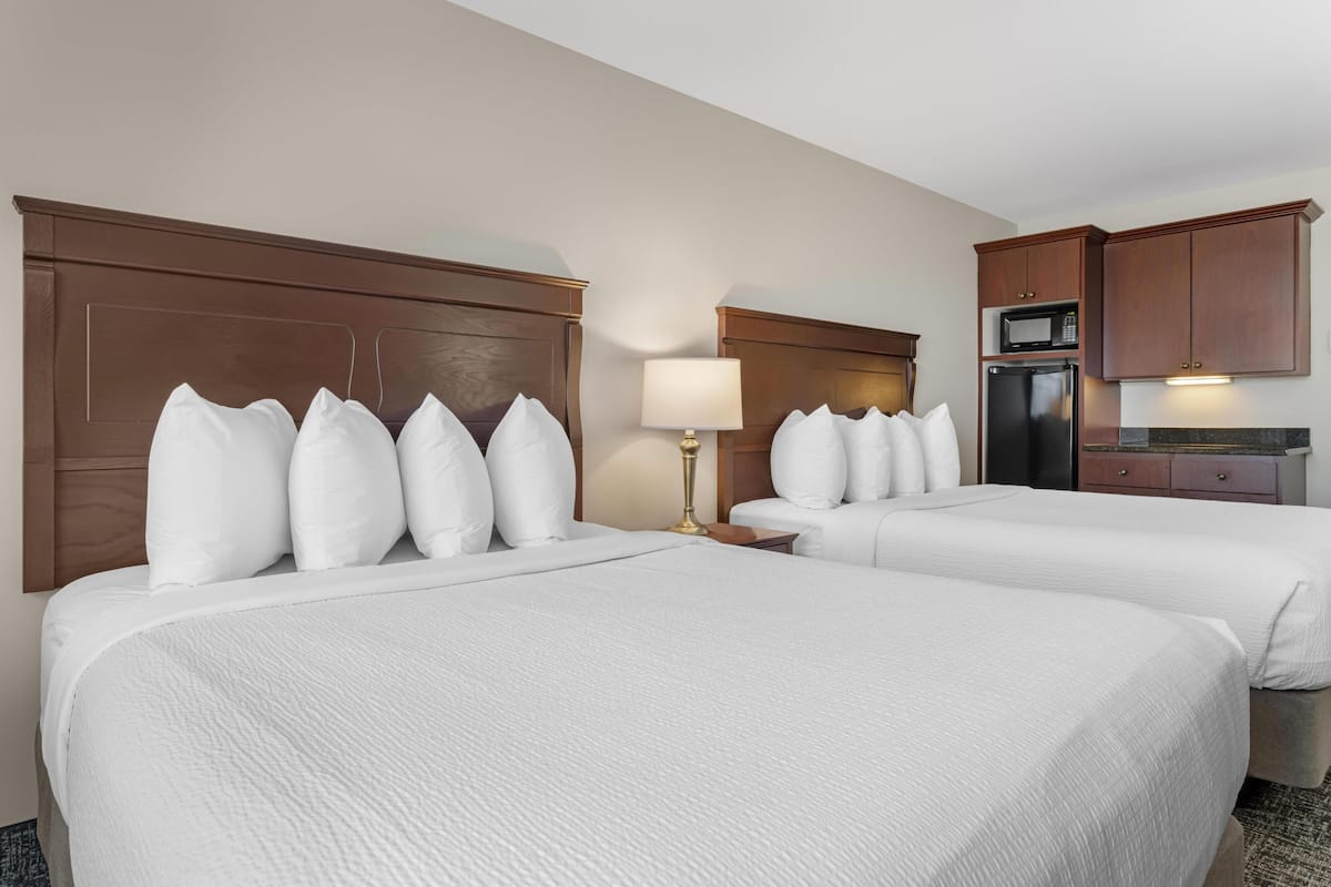 A hotel room with two beds, a nightstand, a lamp, a microwave, and a refrigerator.