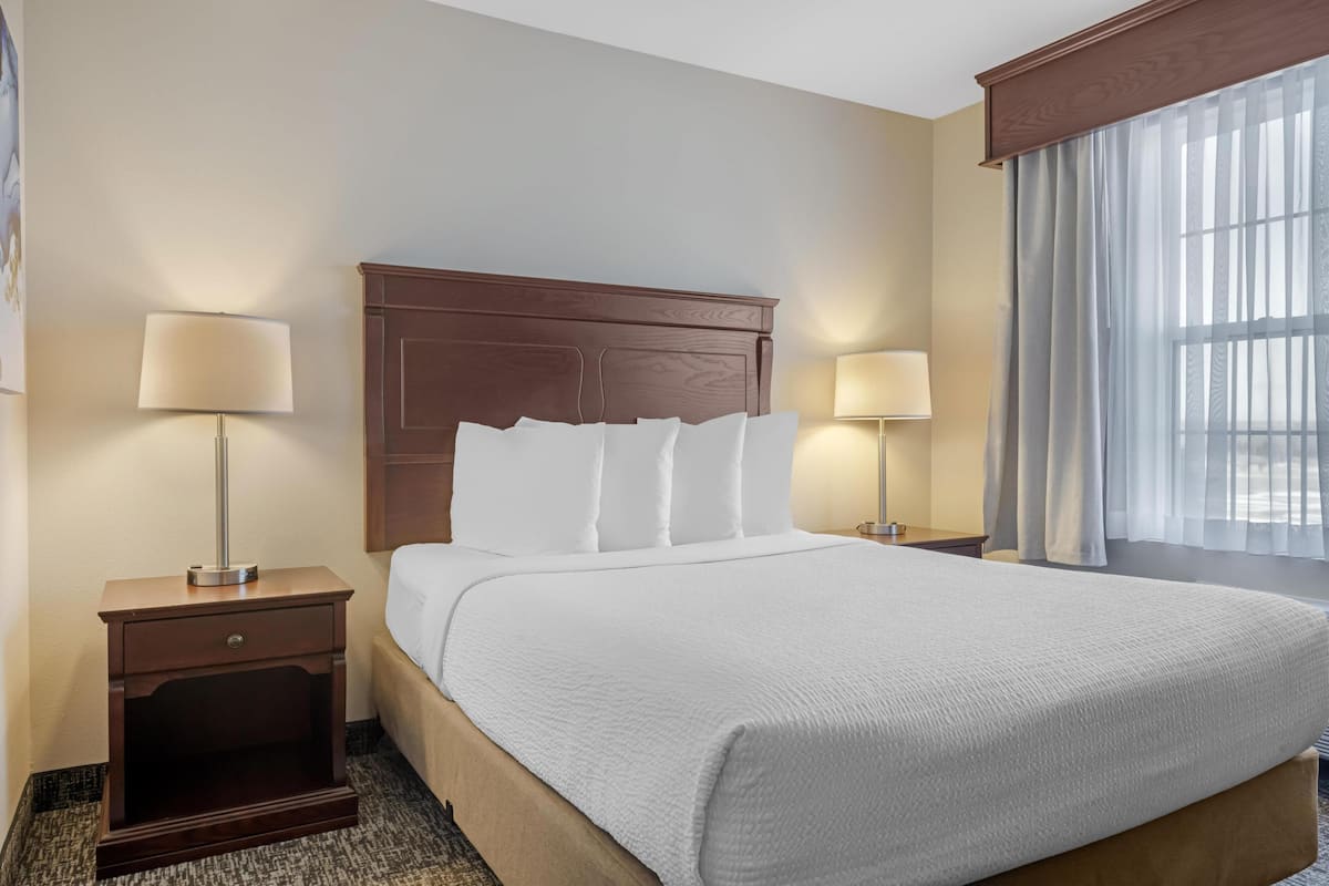 A hotel room with a large bed, two bedside tables with lamps, a wooden headboard, and a window with sheer curtains.