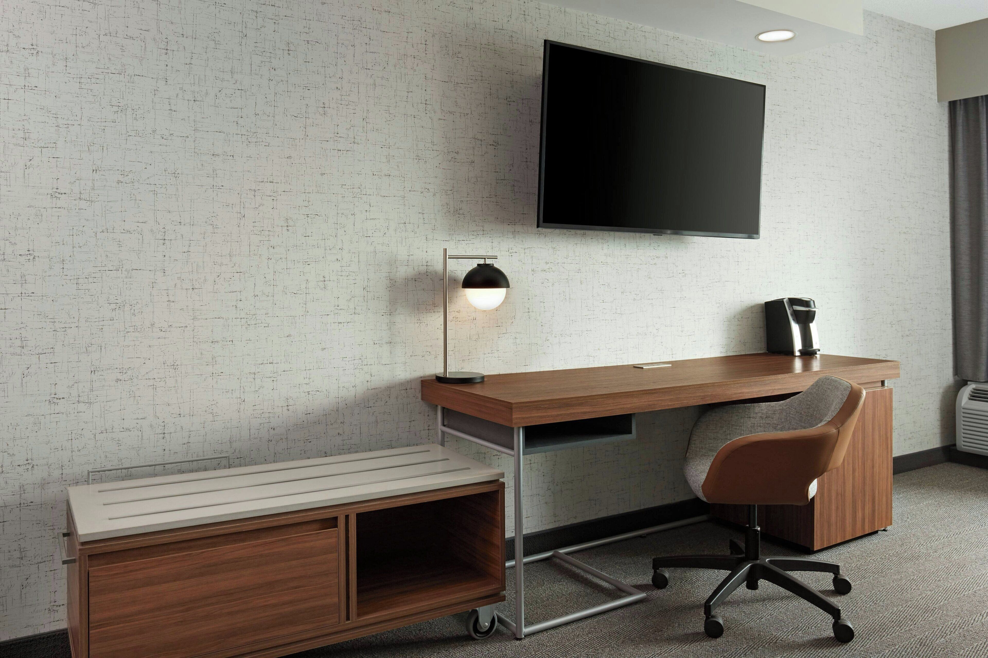 Desk, laptop workspace, blackout curtains, iron/ironing board