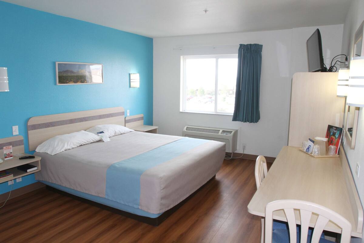 A hotel room with a bed, a desk, a chair, a window with curtains, a radiator, and a picture on the wall.