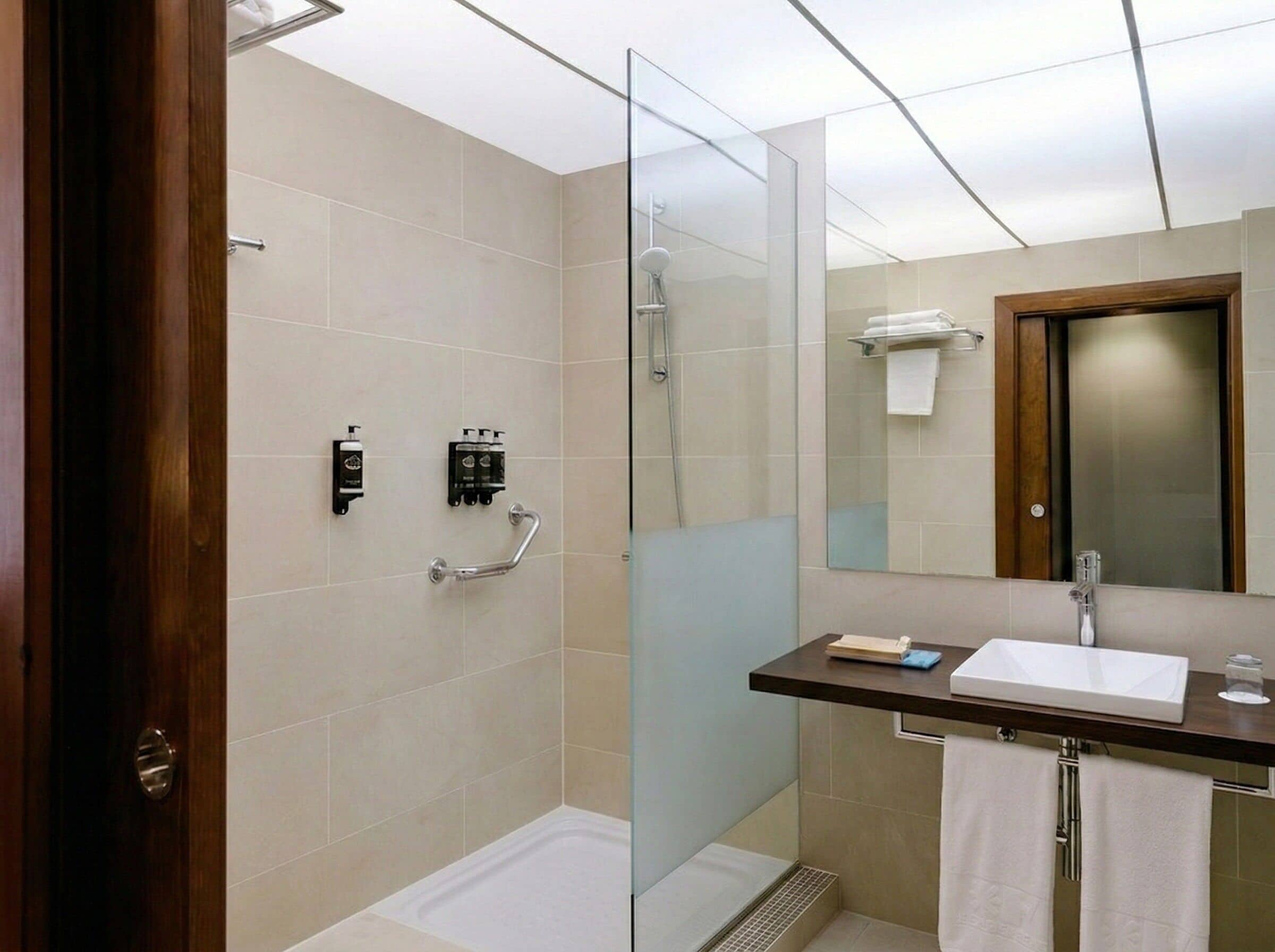 Une salle de bain moderne avec une douche à parois de verre, un lavabo avec un miroir et un porte-serviettes.