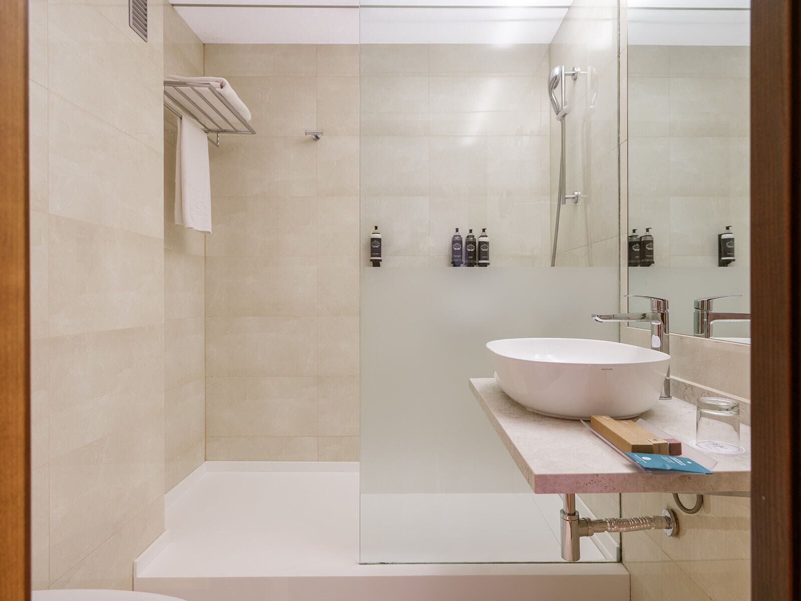 A modern bathroom with a large white sink, a glass shower enclosure, and a mirror reflecting the space.