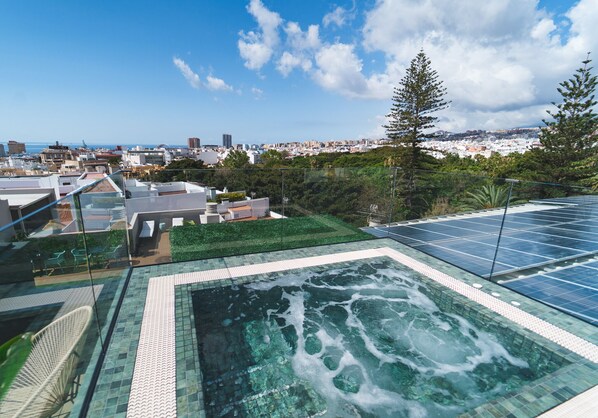 A rooftop pool with a city view, surrounded by greenery and solar panels.