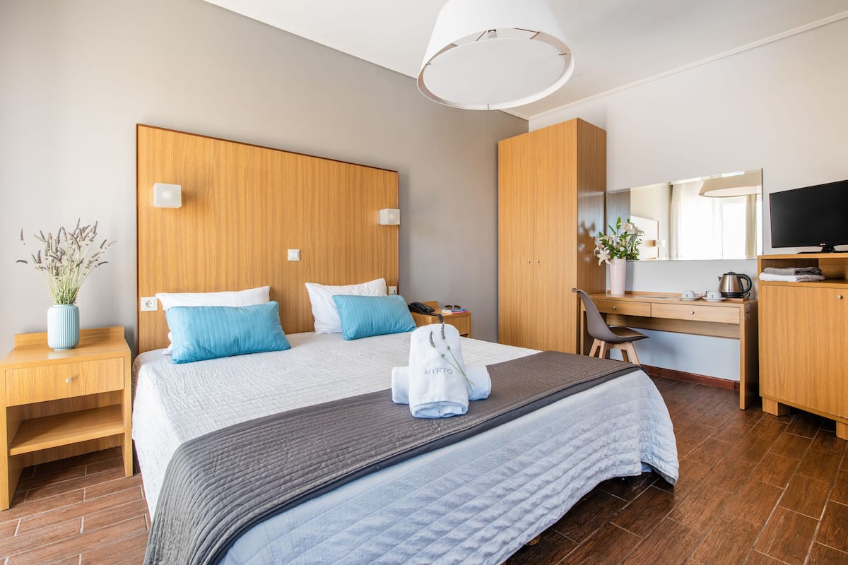 A hotel room with a large bed, a desk, a chair, a TV, a wardrobe, and a bedside table with a lamp and a plant.