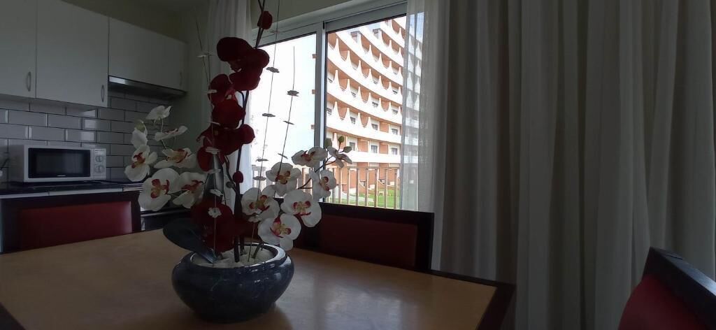 A dining area with a table, chairs, and a vase of orchids.