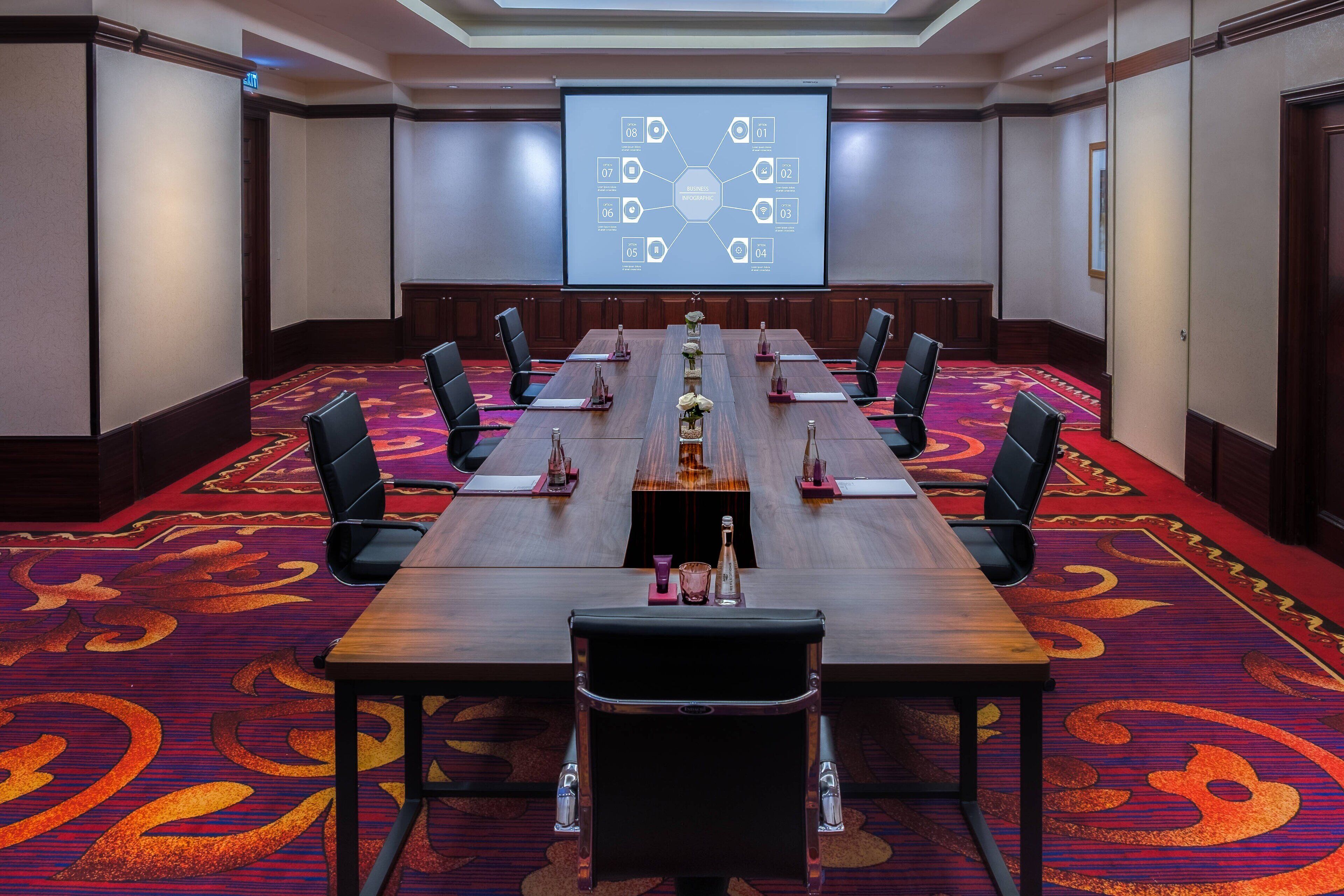 A conference room with a long table, chairs, and a projector screen displaying a presentation.