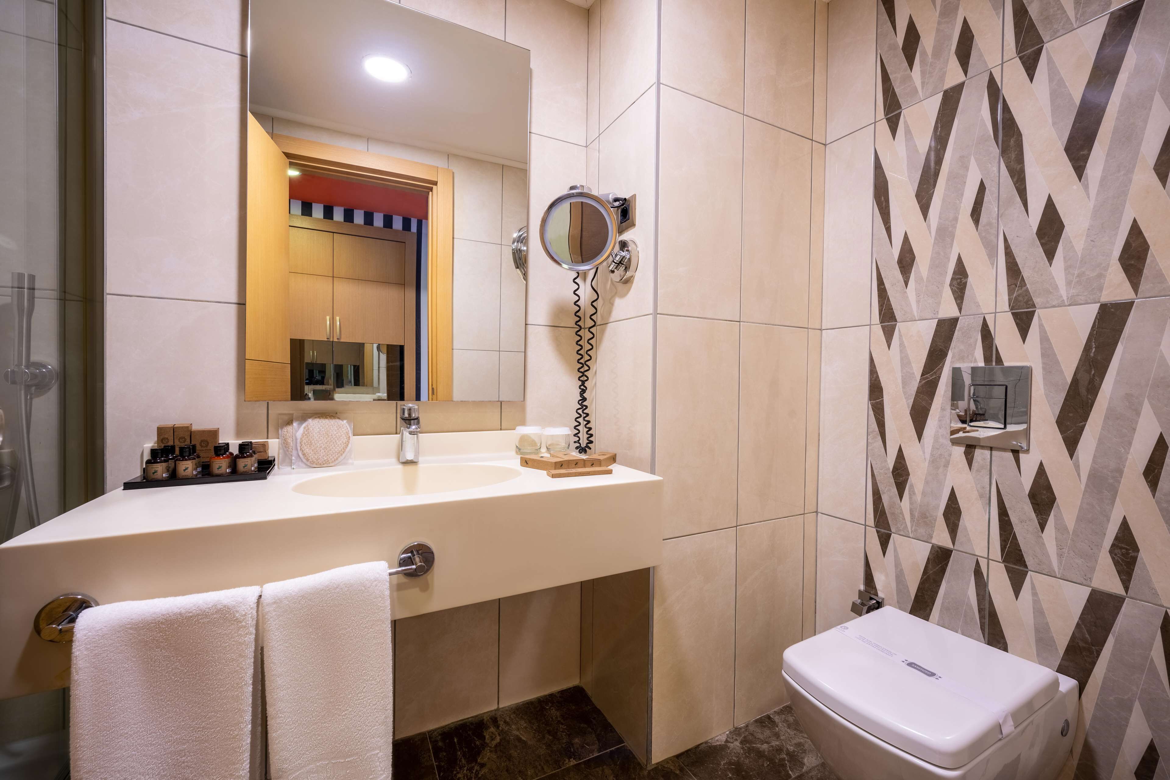 Un bagno con un lavandino bianco, uno specchio, un water e una doccia.