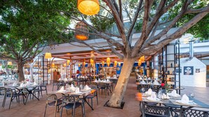 An outdoor dining area with tables and chairs, a large tree, and hanging lights. - Selectum Family Resort Side (Manavgat)