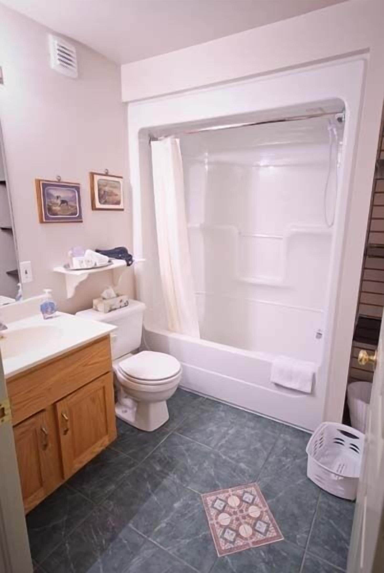 Une salle de bain équipée d’une baignoire, de toilettes, d’un meuble-lavabo et d’un rideau de douche.