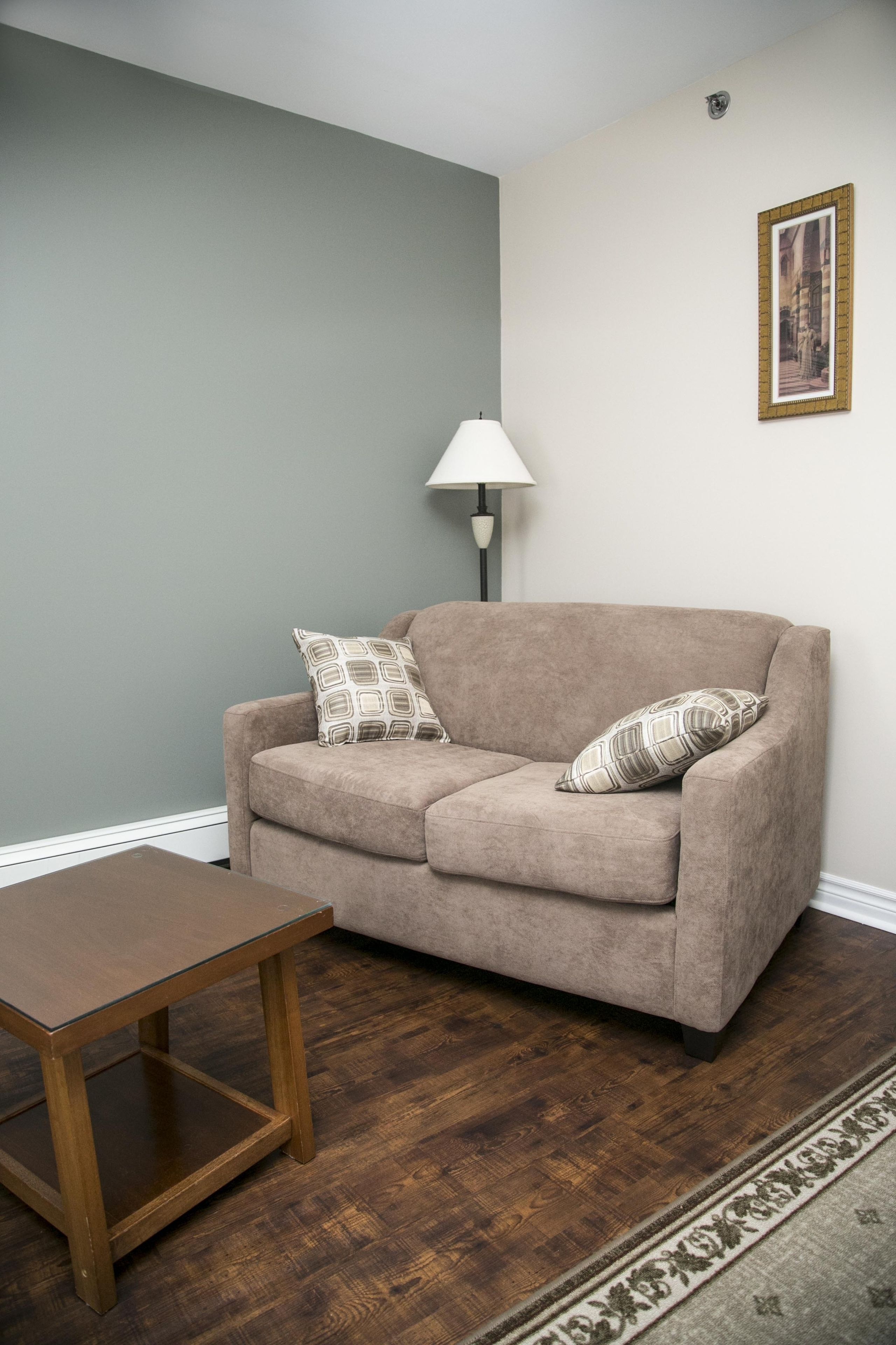 A living room with a beige sofa, a wooden coffee table, and a patterned rug.