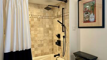 A modern bathroom with a shower, a bathtub, and a toilet.