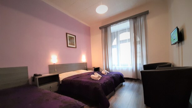 A hotel room with two beds, a TV, a desk, and a window with curtains. - Hotel Olga (Prague)