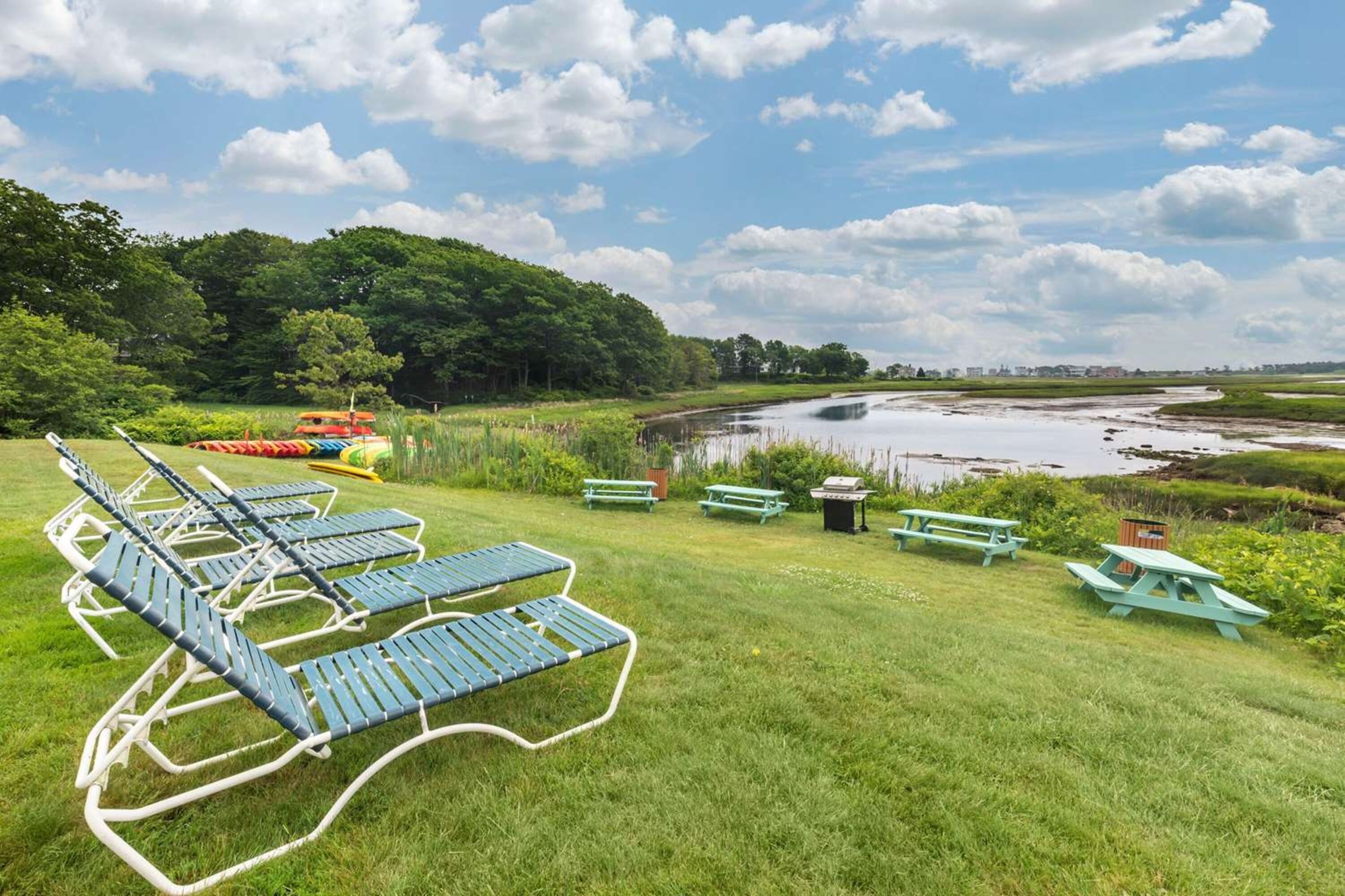 A grassy area with blue lounge chairs and picnic tables, a small pond, and a forested hill in the background.