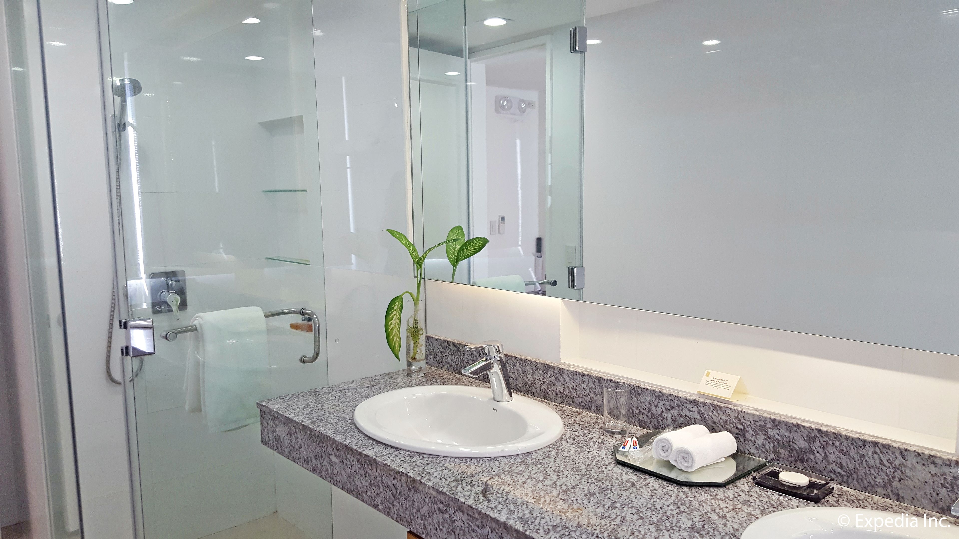 Une salle de bain moderne avec une douche à parois de verre, un comptoir en granit, un lavabo blanc et un miroir.