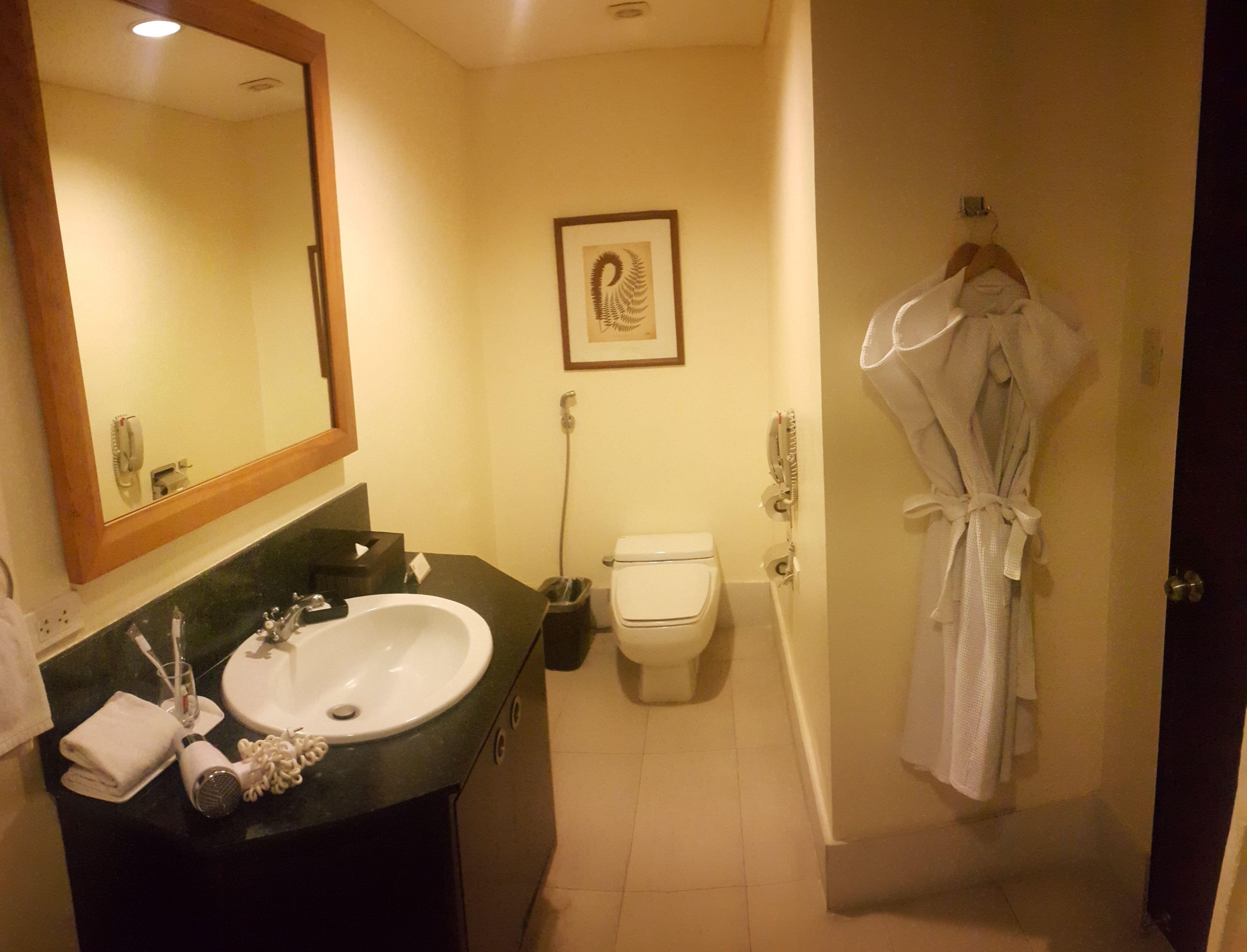 Un baño con lavamanos, espejo, inodoro y una bata colgada en la puerta.