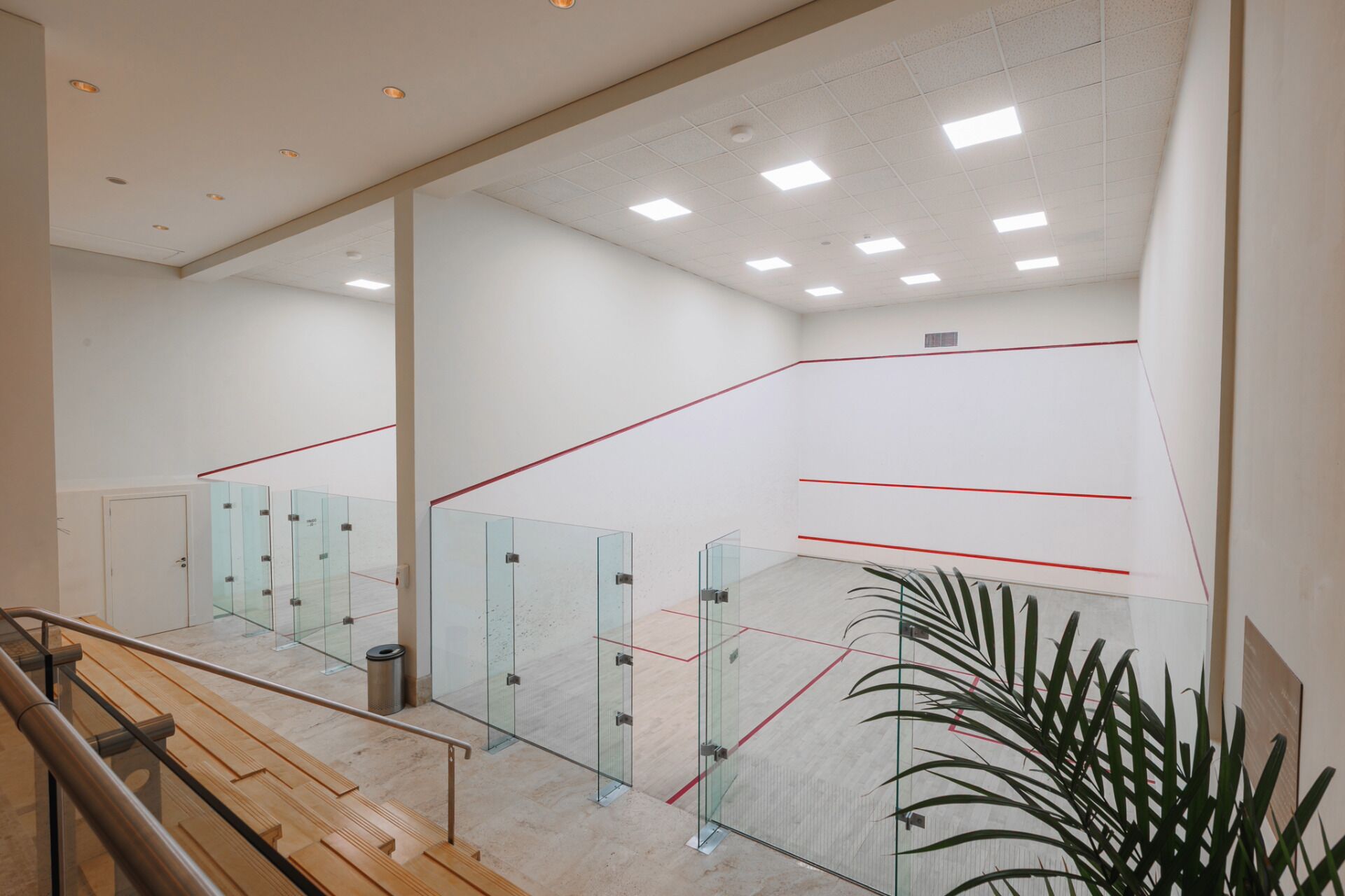 Espaço interior moderno com divisórias de vidro, um banco de madeira e uma escada.