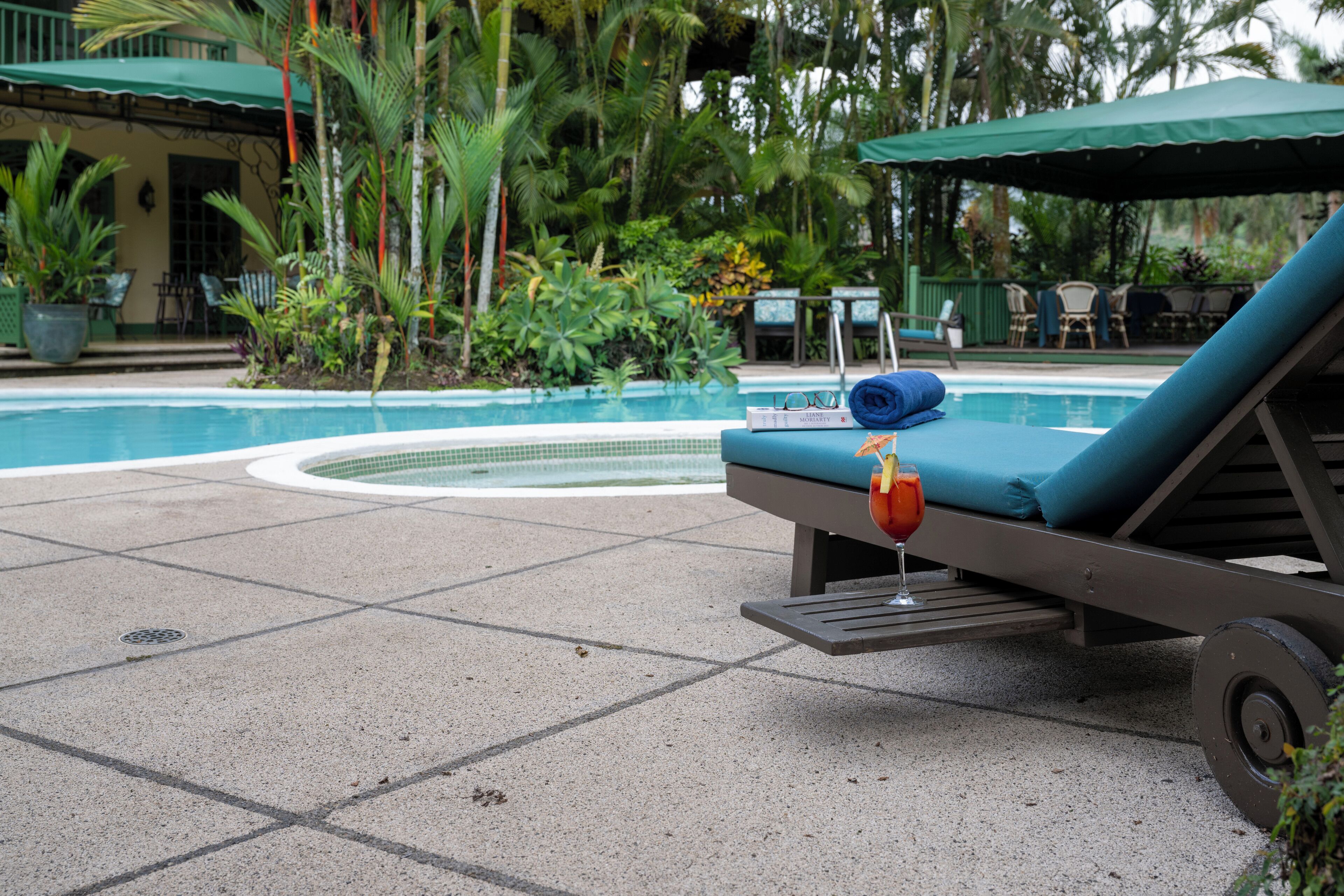 A poolside lounge area with a sunbed, a pool, and surrounding greenery.