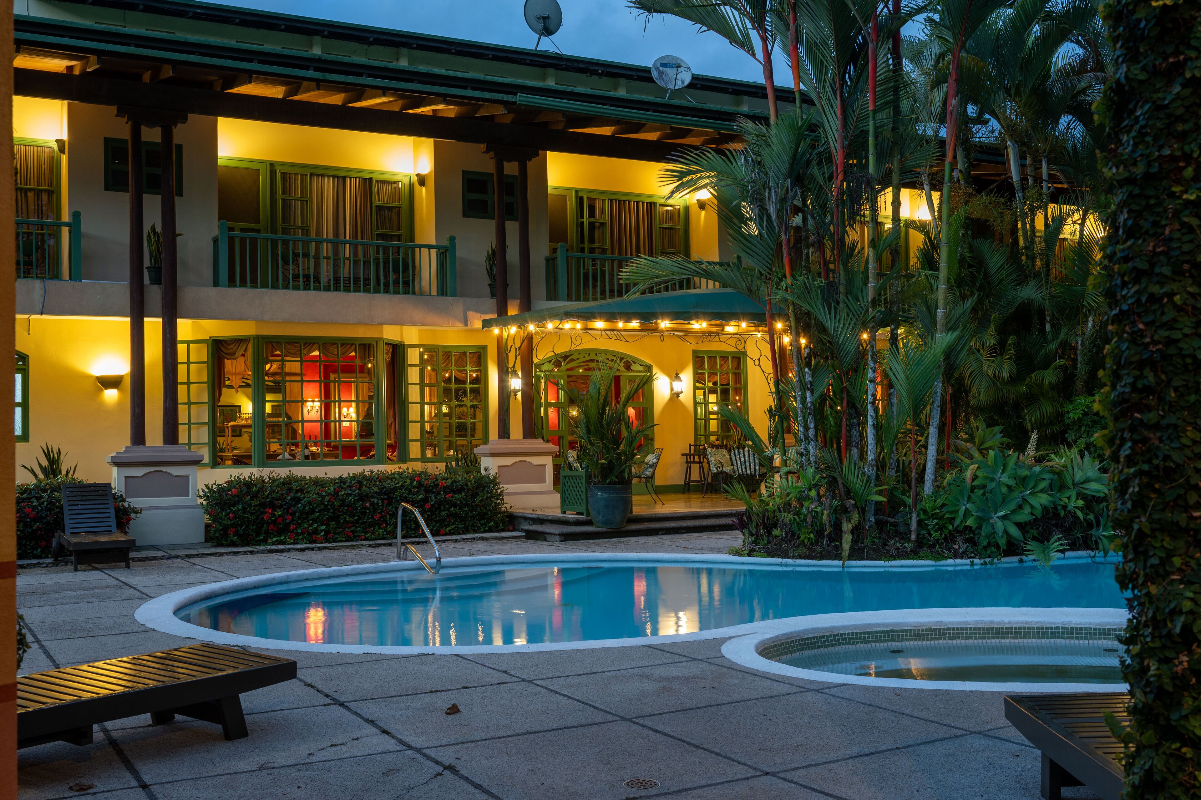 outdoor pool, pool umbrellas, pool loungers