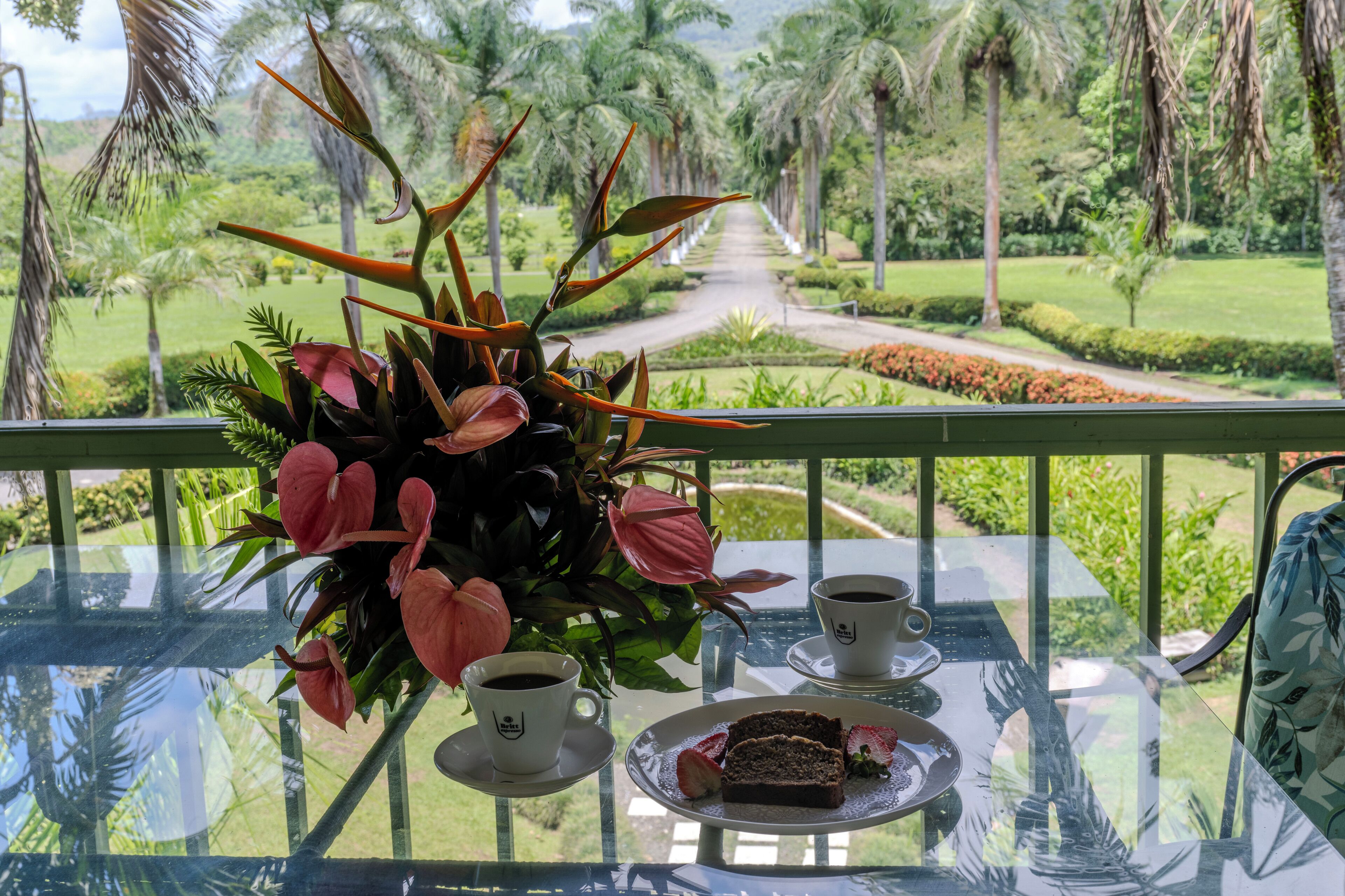 Una mesa con cubierta de vidrio, dos tazas de café, un plato con una rebanada de pastel y un arreglo floral.