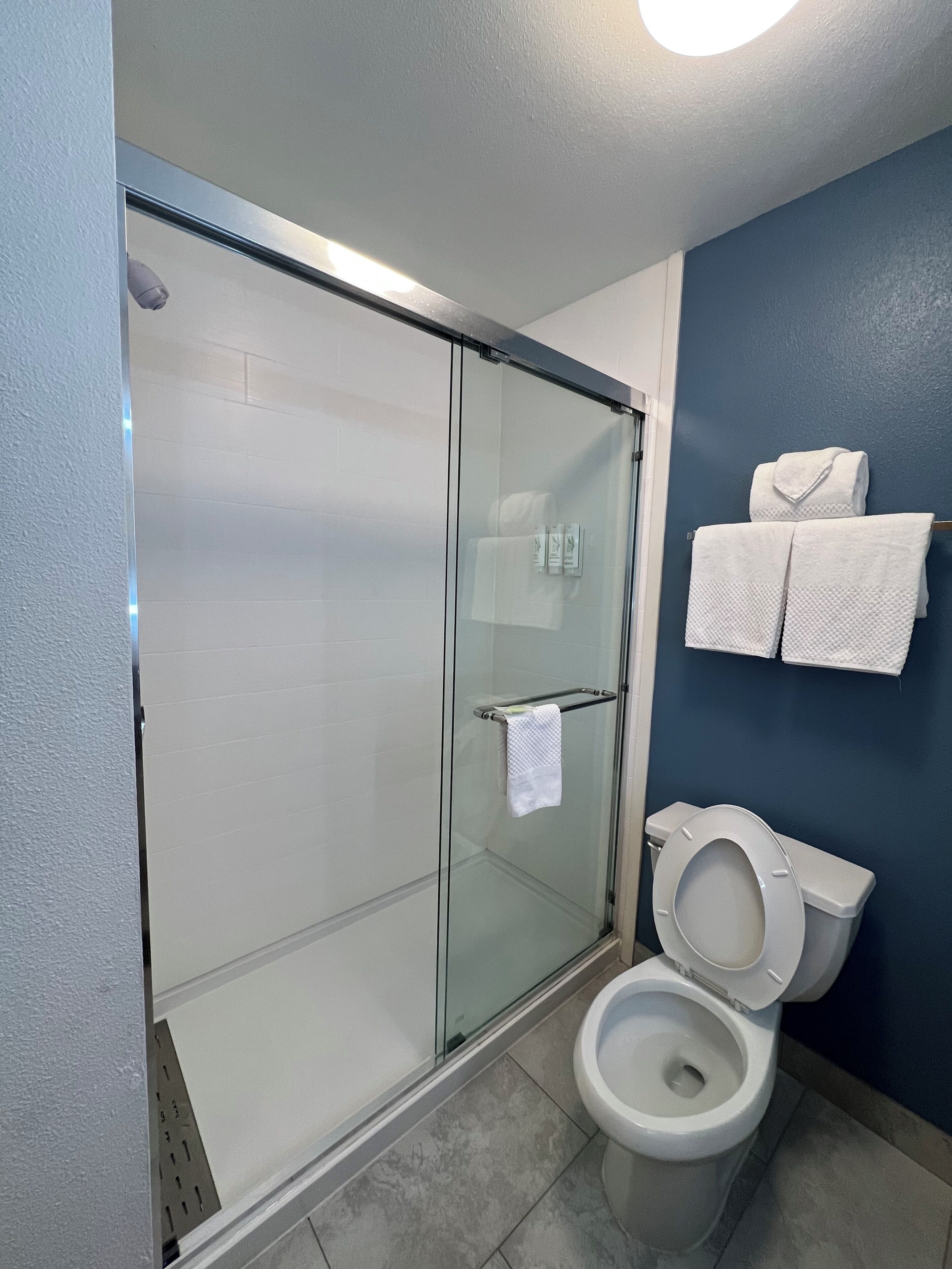 Un baño con ducha de vidrio, inodoro y toallero con toallas dobladas.