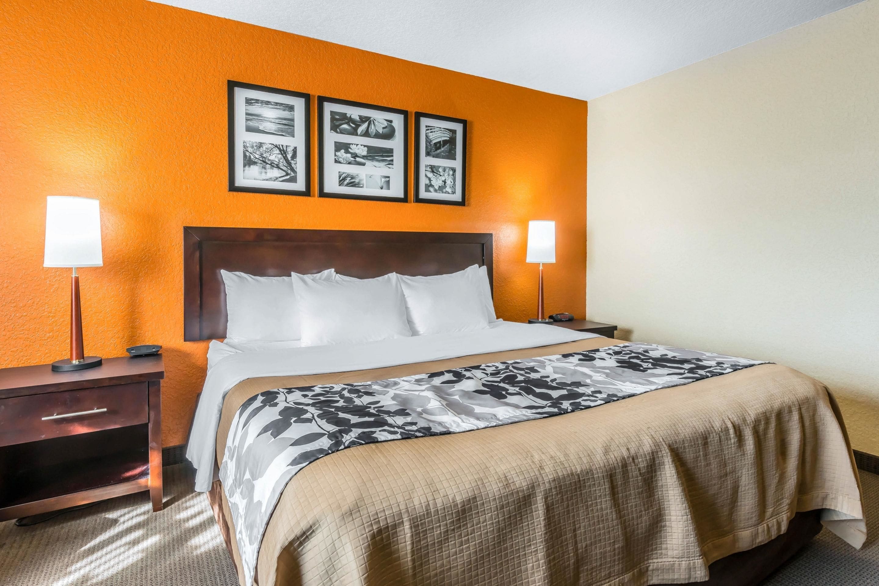 A hotel room with a large bed, two bedside tables, a headboard, and three framed pictures on the wall.