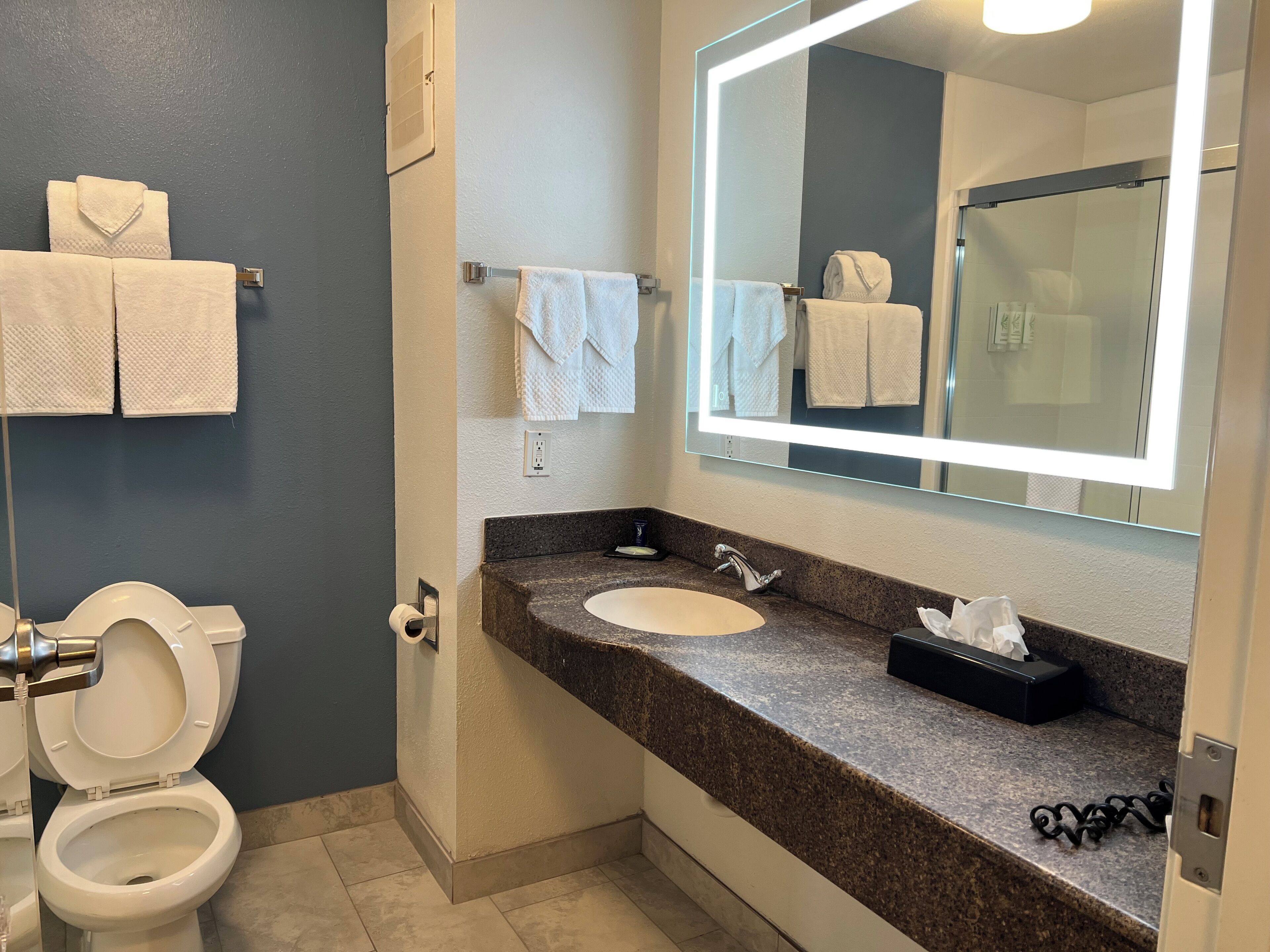 A bathroom with a toilet, sink, and mirror.