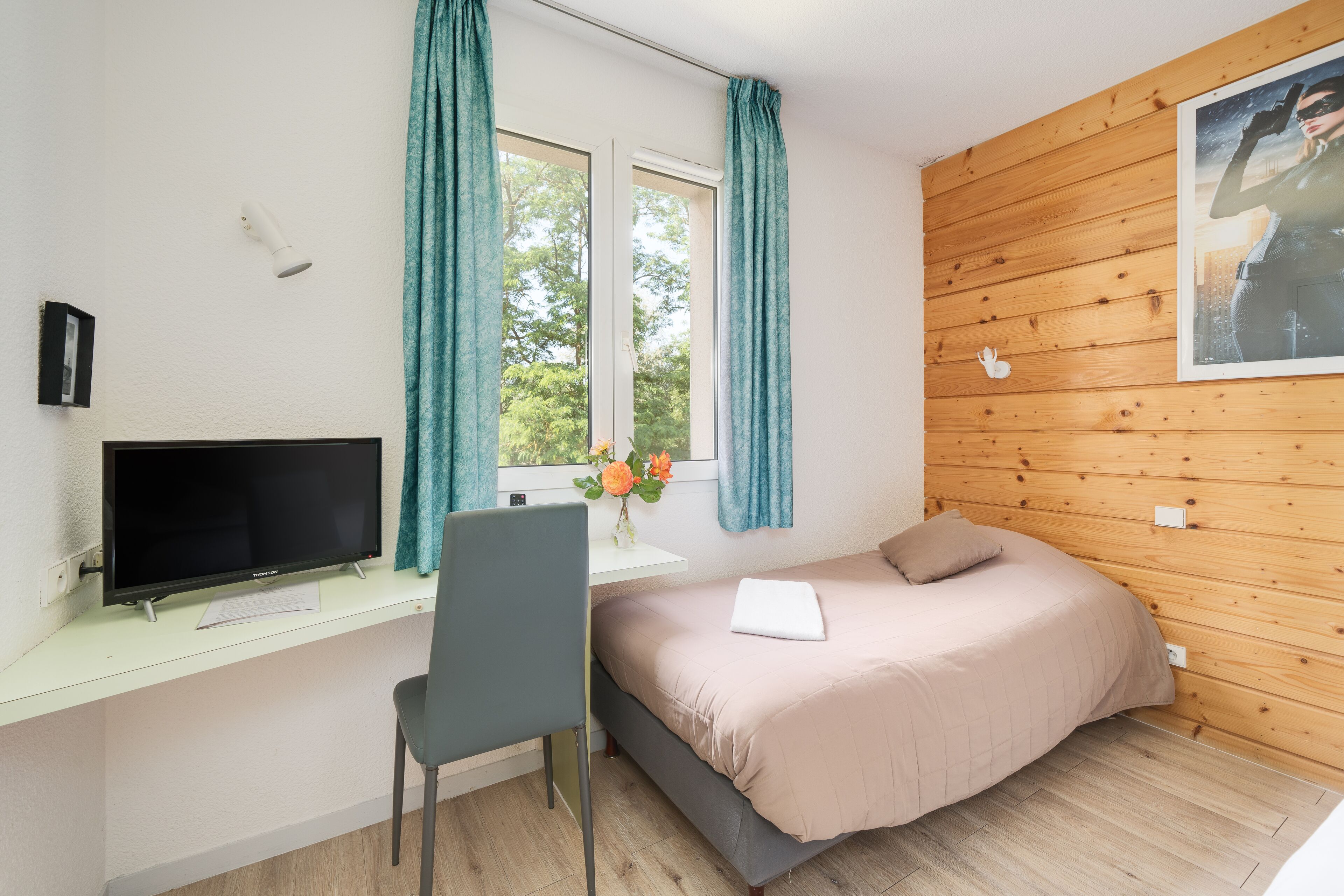 individually decorated, individually furnished, desk, blackout curtains