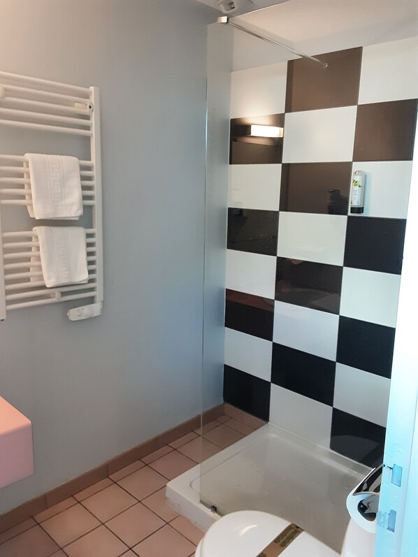 Un baño con cabina de ducha de vidrio, un inodoro blanco y un perchero con dos toallas.