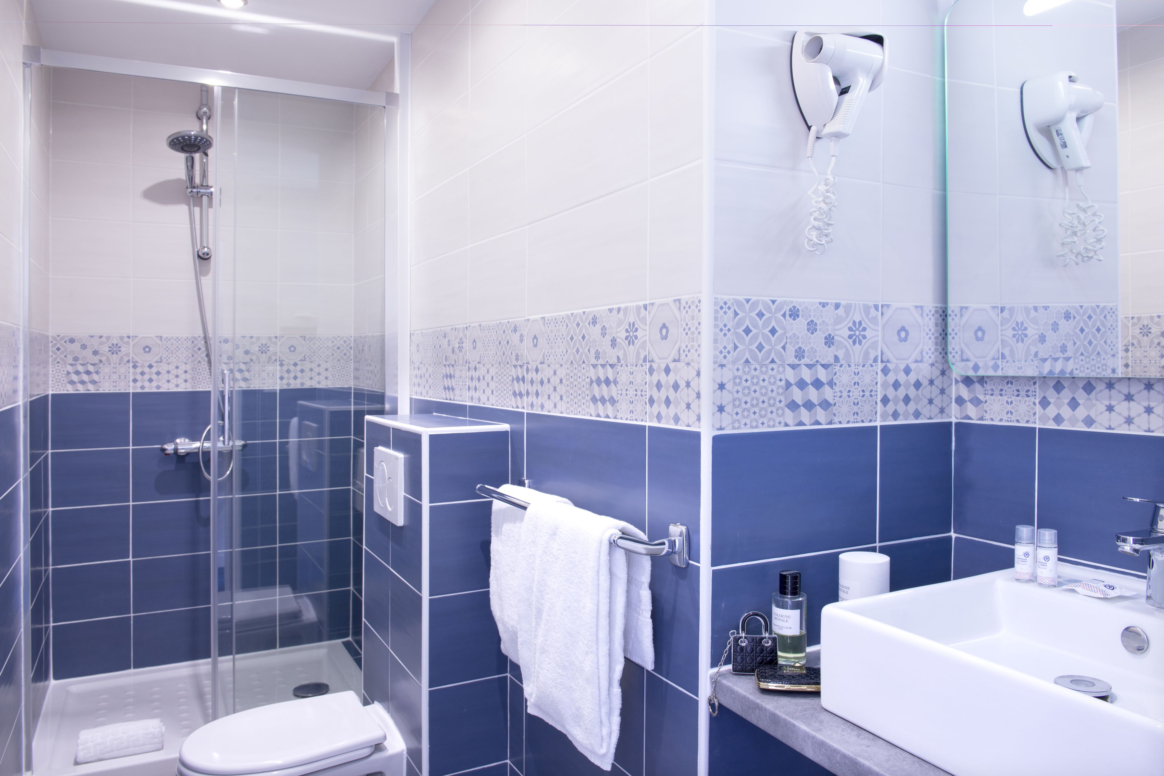 A bathroom with a glass-enclosed shower, a white toilet, a sink with toiletries, and a towel rack.