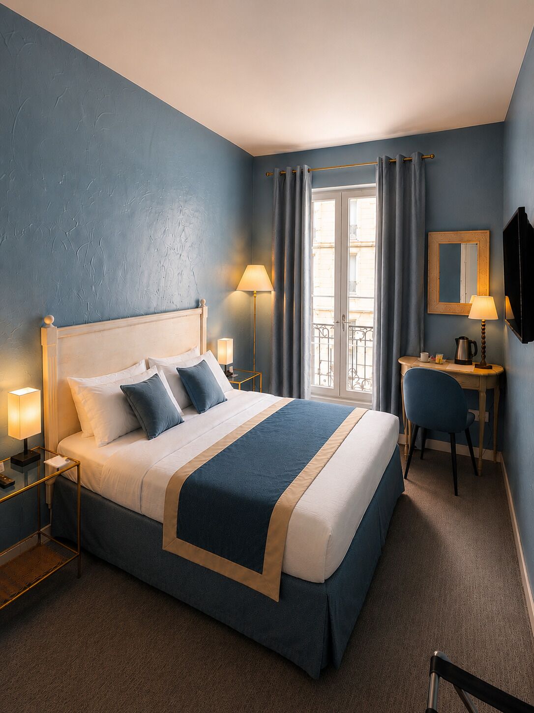 A hotel room with a large bed, bedside lamps, a desk with a chair, a window with curtains, and a mounted television.