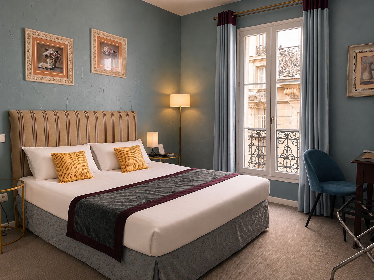 A hotel room with a large bed, two bedside lamps, a chair, and a window with a view of the outside.