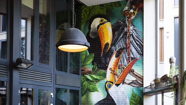 Un espace bar agrémenté d’une fresque représentant des toucans, d’un comptoir en bois et de sièges.