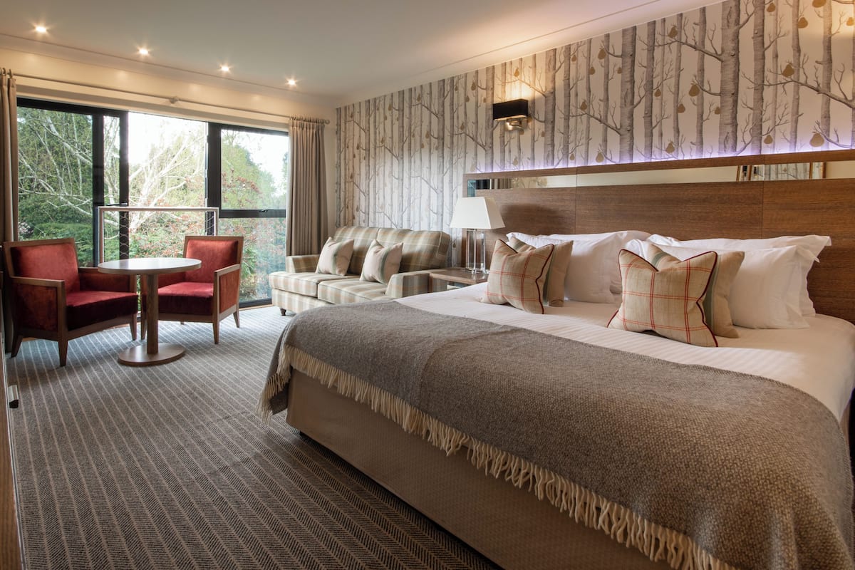 A hotel room with a large bed, a sitting area with chairs, a small table, and a view of trees through the window.