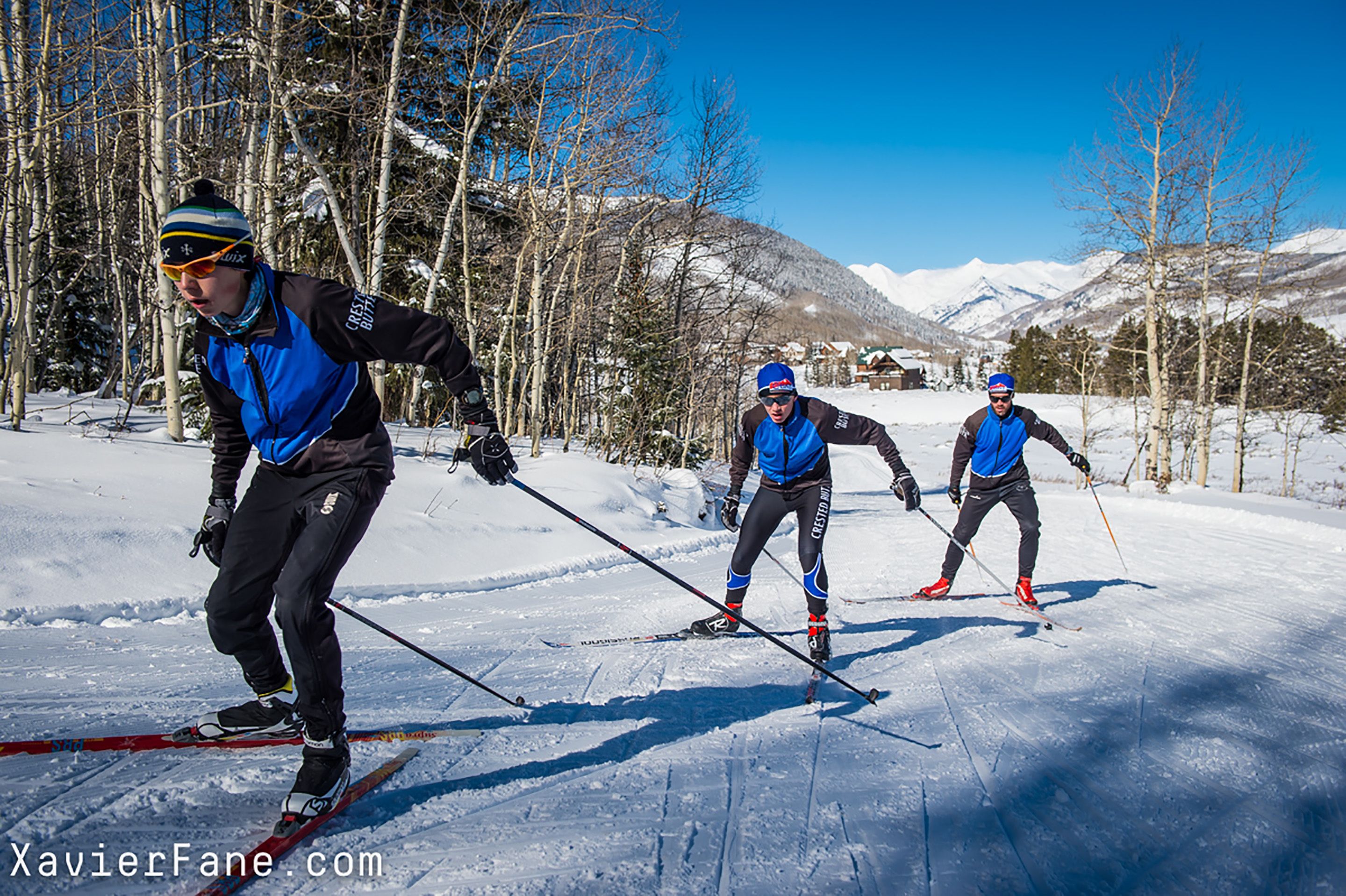 Three skiers on a snowy trail with trees and mountains in the background.