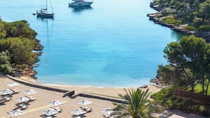 Une plage bordée de rangées de chaises longues et de parasols, un palmier et des bateaux sur l’eau.