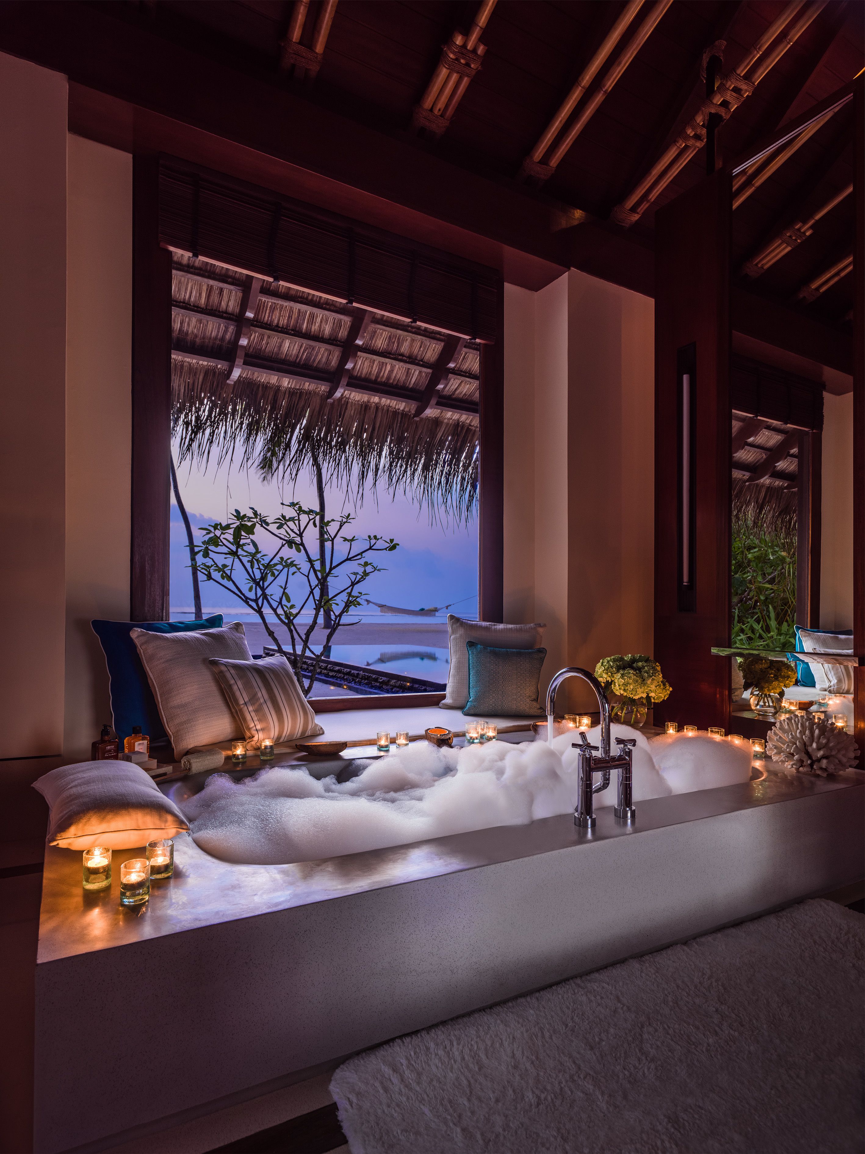 separate bathtub and shower, deep-soaking bathtub, rainfall showerhead