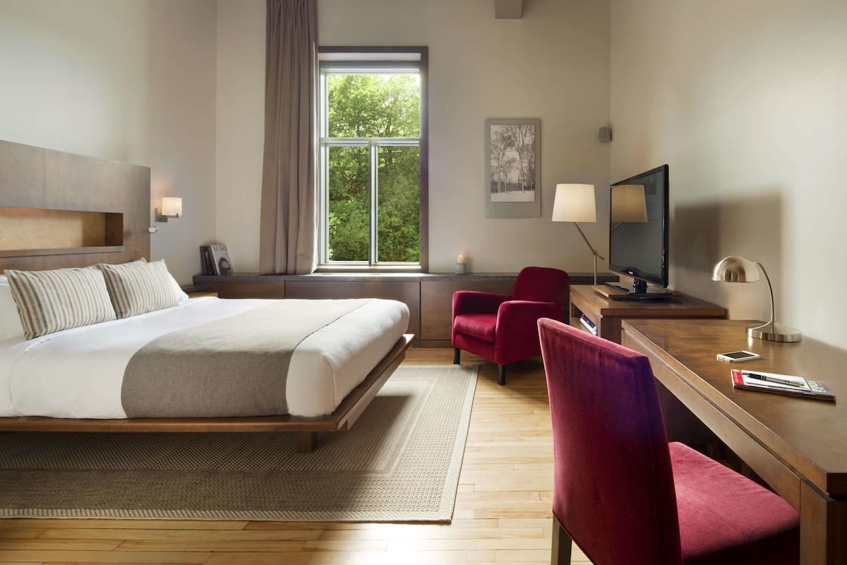 A hotel room with a bed, desk, chairs, a TV, and a window with a view of trees.