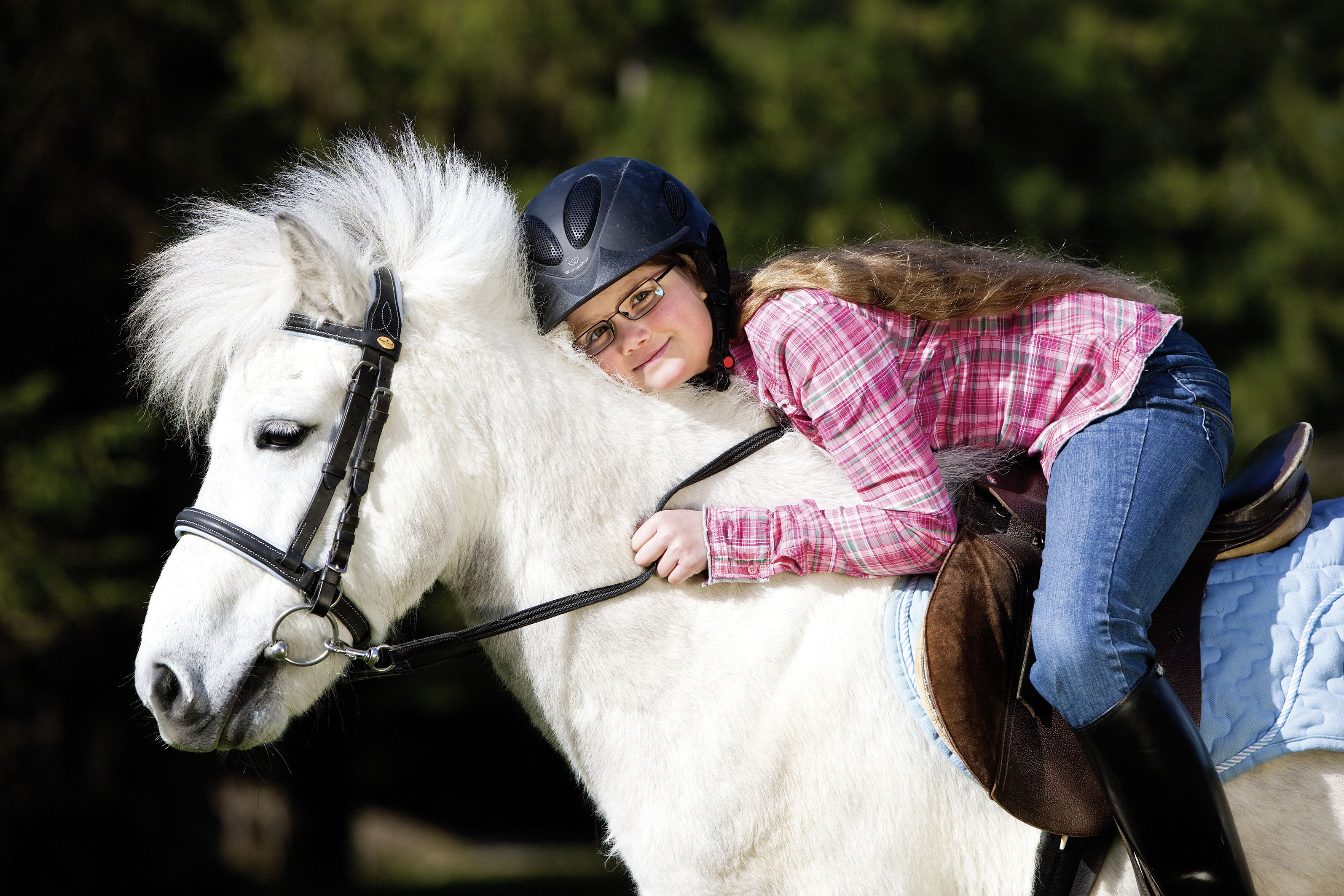 A person riding a white horse with a black bridle, wearing a helmet and a plaid shirt.