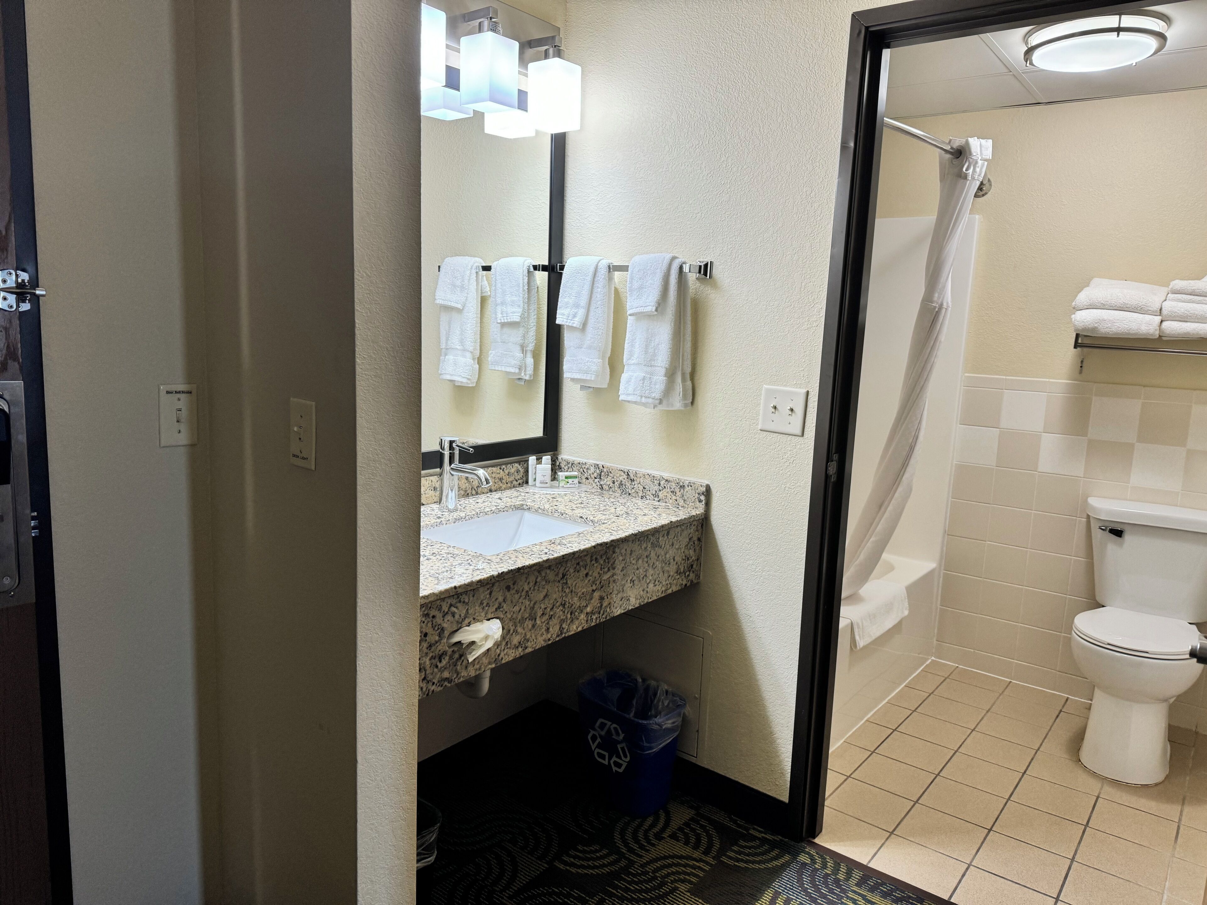 free toiletries, hair dryer, towels