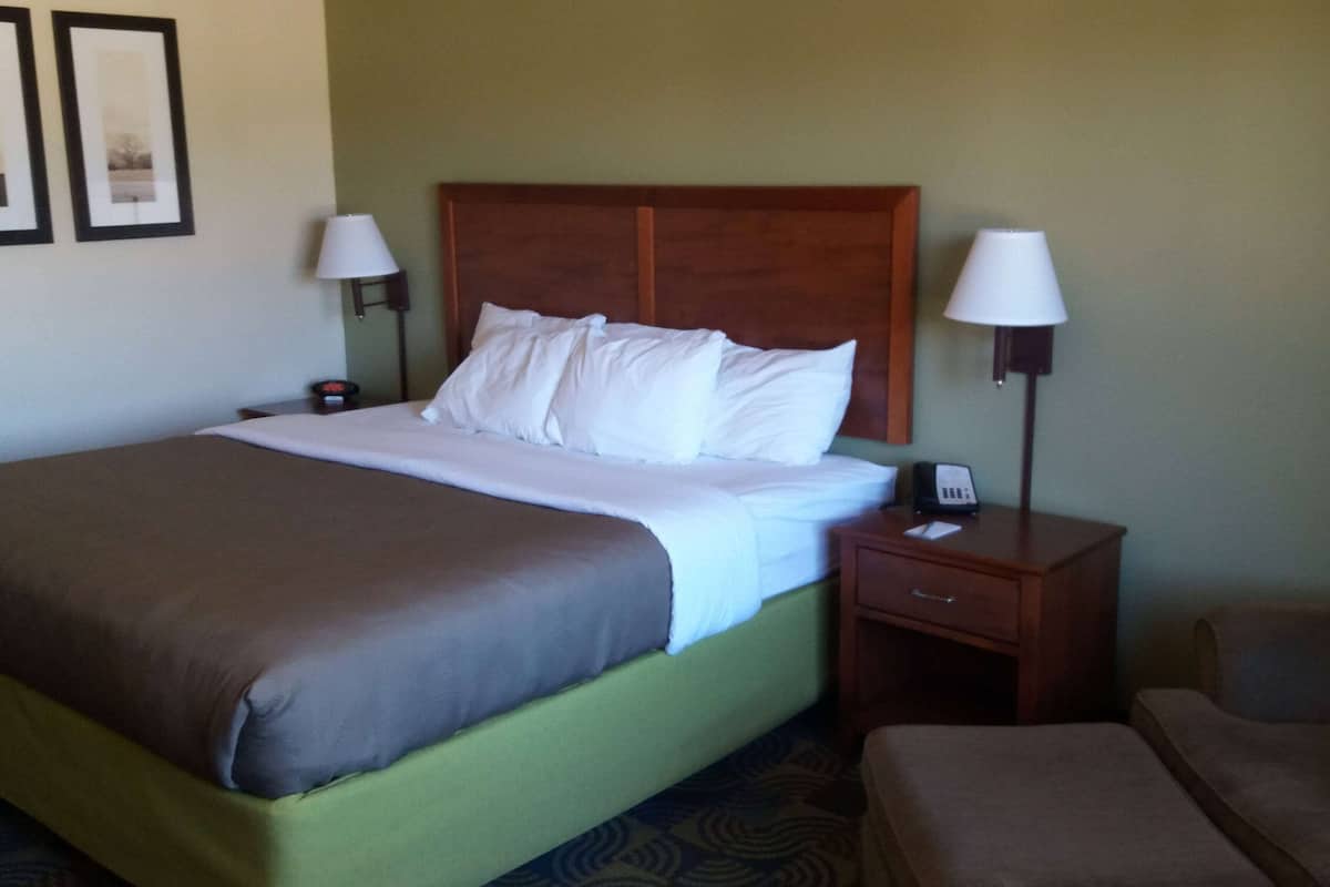A hotel room with a large bed, two bedside tables with lamps, a nightstand, and a chair.
