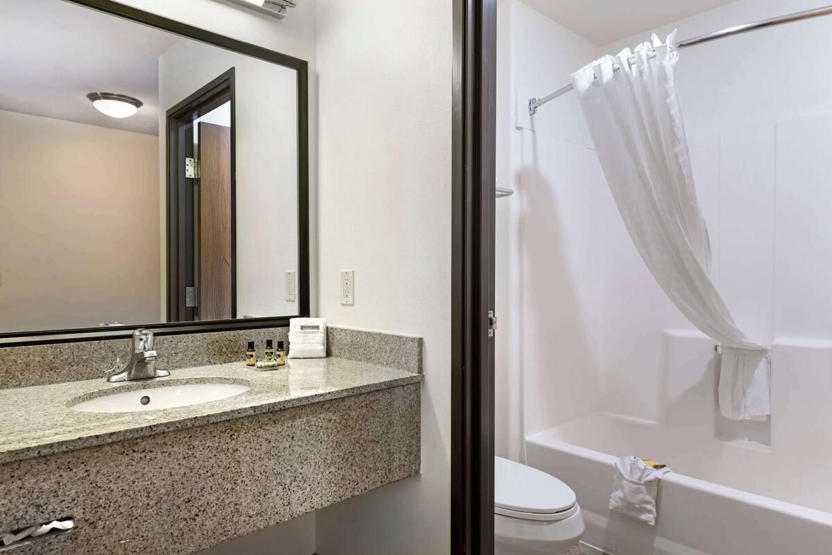 suite, 1 king bed, non smoking, refrigerator & microwave (with sofabed) | bathroom | combined shower/bathtub, designer toiletries, hair dryer, towels