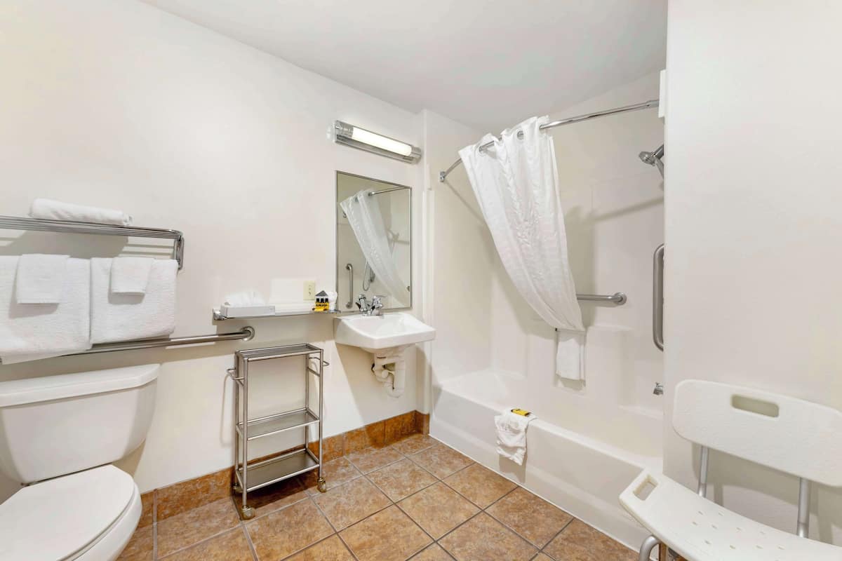combined shower/bathtub, designer toiletries, hair dryer, towels