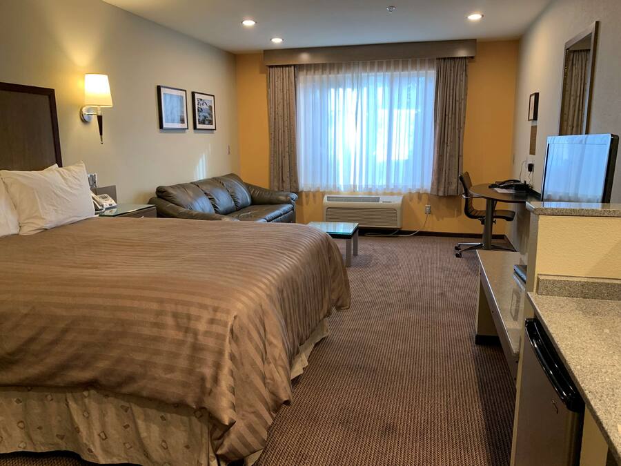 A hotel room with a large bed, a desk, a chair, a sofa, and a television.