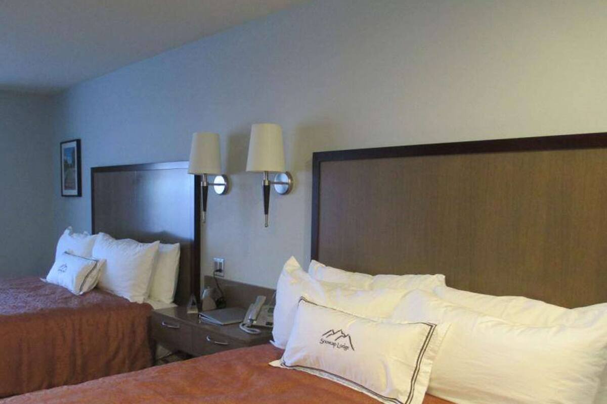 A hotel room with two beds, a wooden headboard, a nightstand, a lamp, and a framed picture on the wall.
