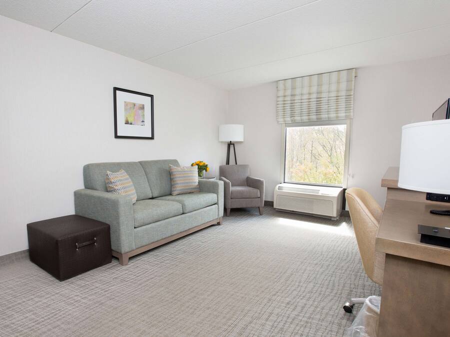 A hotel room with a grey sofa, a small armchair, a desk with a computer, a lamp, and a window with blinds.