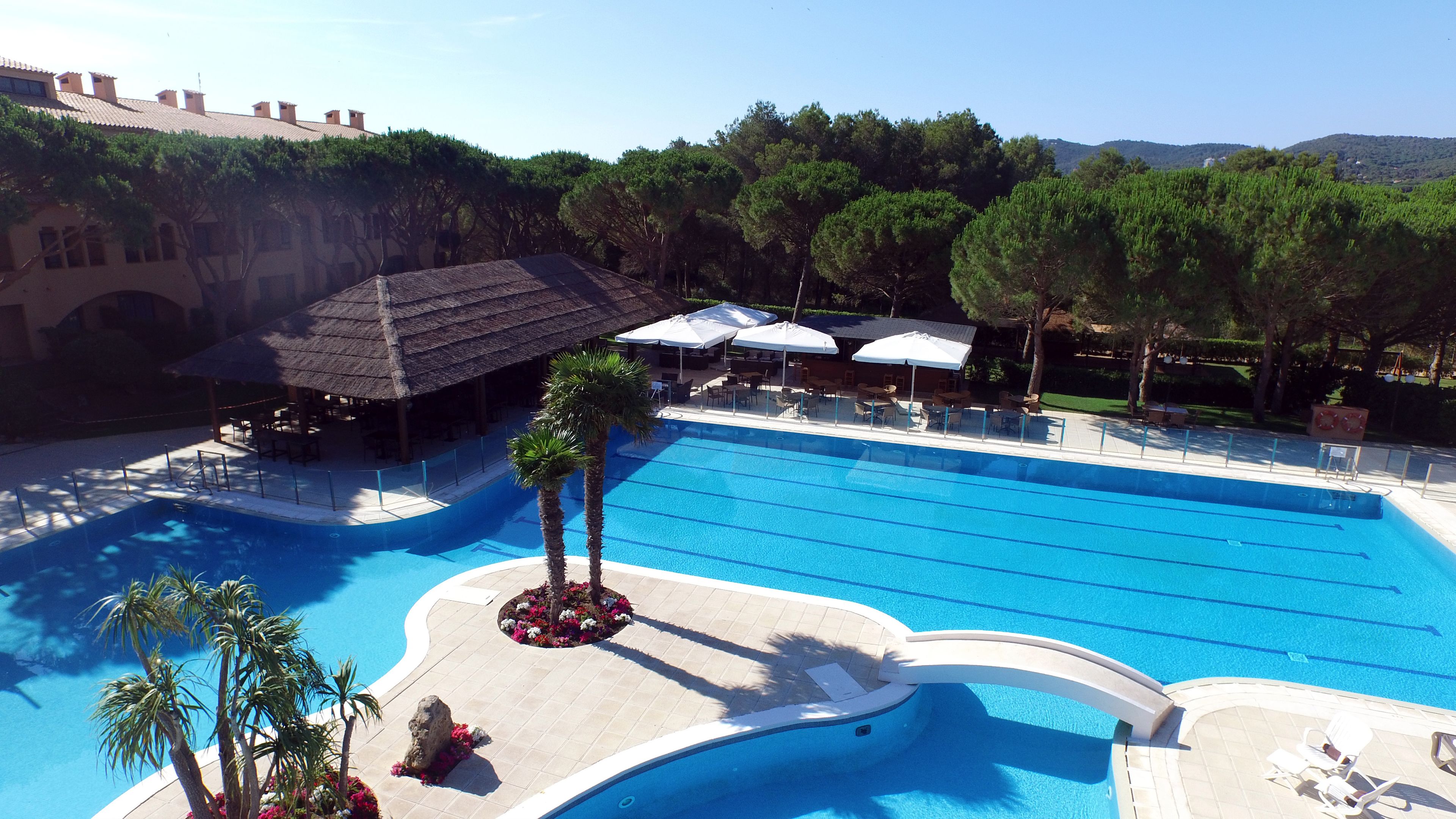 A large outdoor swimming pool with lounge chairs and umbrellas, surrounded by greenery and a building with a tiled roof.