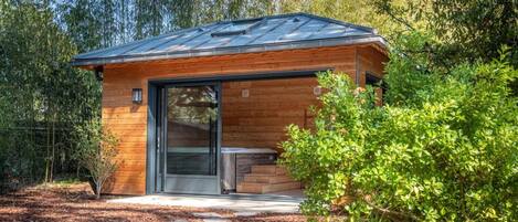 A modern wooden cabin with a glass door entrance, surrounded by a forested area.