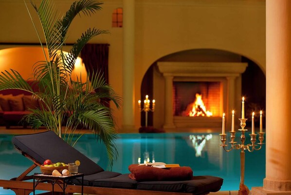 Indoor pool, outdoor pool, open 7 AM to 10 PM, pool loungers