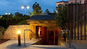 Eingang zum Spa mit einer Holztür mit der Aufschrift "Erdsauana", Steinstufen und einem Metallgeländer.